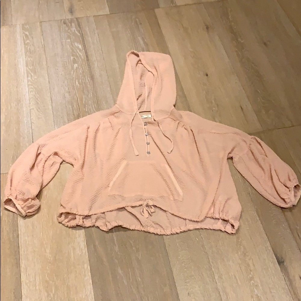 Sheer pink button-up linen pullover hoodie shirt
